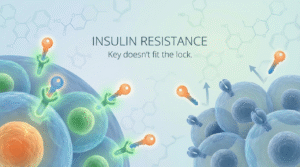 Medical illustration showing insulin resistance with cells and insulin molecules